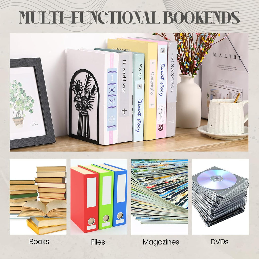 Feifeiya 6 Pairs Decorative Book Ends Metal Bookends for Shelves Black Metal Heavy Duty Book Ends Holder Supports Stoppers for Home Office School, 6.9x4.9x3.5”(Vase)