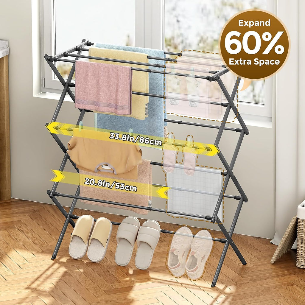 KINGBOARD Clothes Drying Rack, 3-Tier Foldable Extendable, Grey