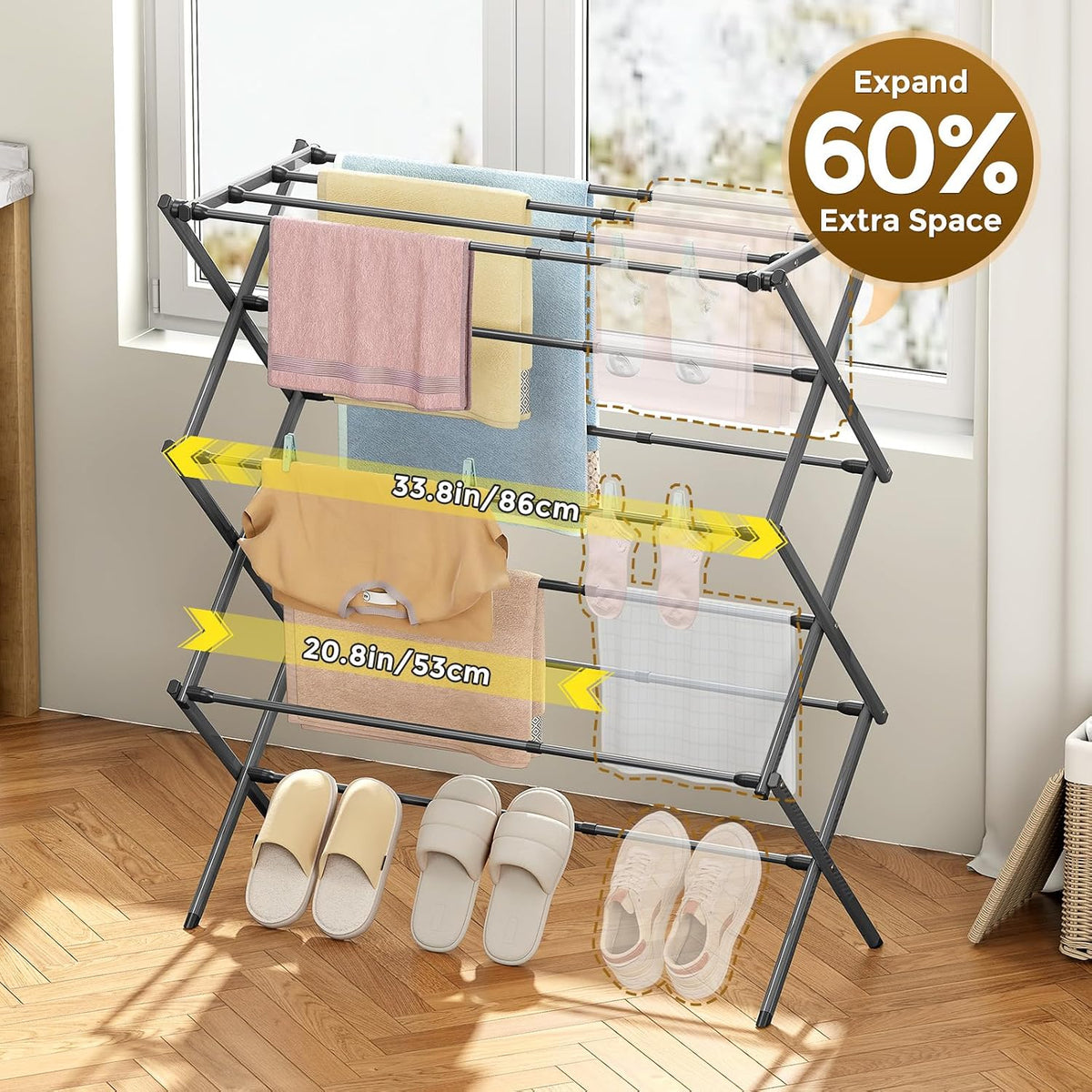 KINGBOARD Clothes Drying Rack, 3-Tier Foldable Extendable, Grey