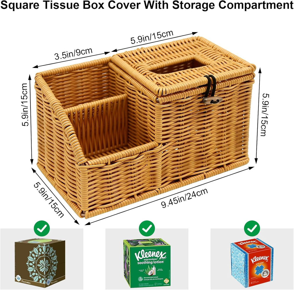 Square Tissue Box Cover with Storage, Multifunction Cube Tissue Box Holder, Farmhouse Wicker Remote Control Nightstand Organizer Caddy for Bathroom, Home, Office Decor, Kitchen Countertop