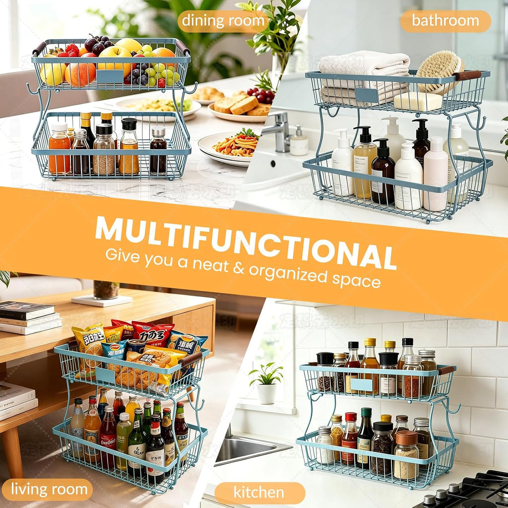 2-Tier Stackable Wire Basket with 2 Banana Hooks, Pantry Organizer for Kitchen Countertops, Cabinets & Under-Sink Spaces; Ideal for Storing Snacks, Fruits, Veggies, Onions, Potatoes, & More,Blue