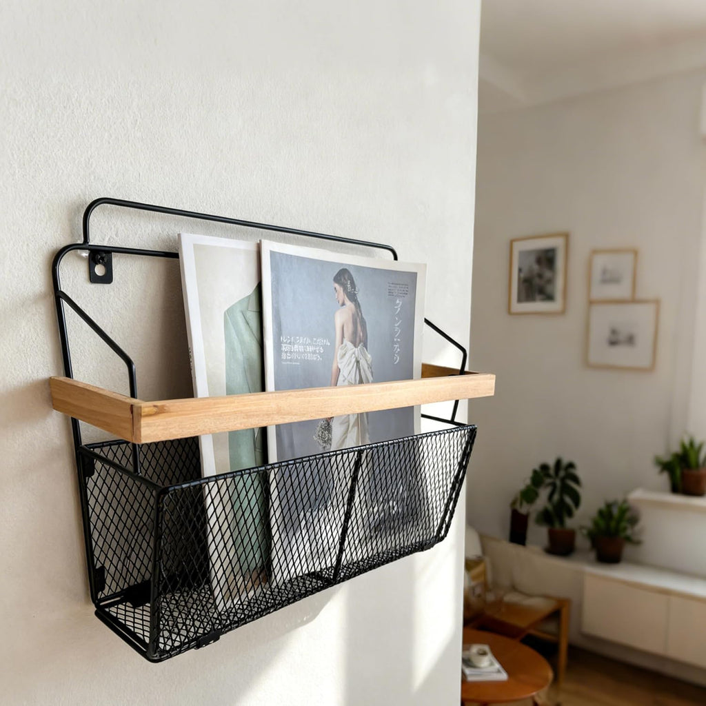 Wall File Organizer with Wooden Trim, Wall Mounted Magazine Holder, Hanging File Organizer, Metal Wire Hanging Magazine Rack for Living Room and Office, Hanging Paper Organizer, 2 Packs