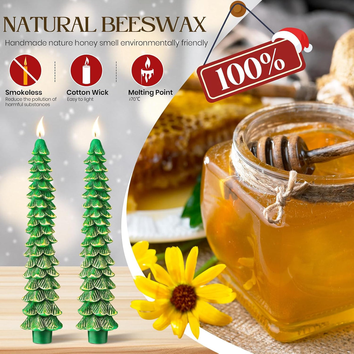 2 Pcs 10 Inch Christmas Tree Candles, Premium Natural Unscented Beeswax Christmas Tree Shaped Taper Candles with Cotton Wick, for Xmas Holiday Decor Party Banquet (Green with Gold Trim)
