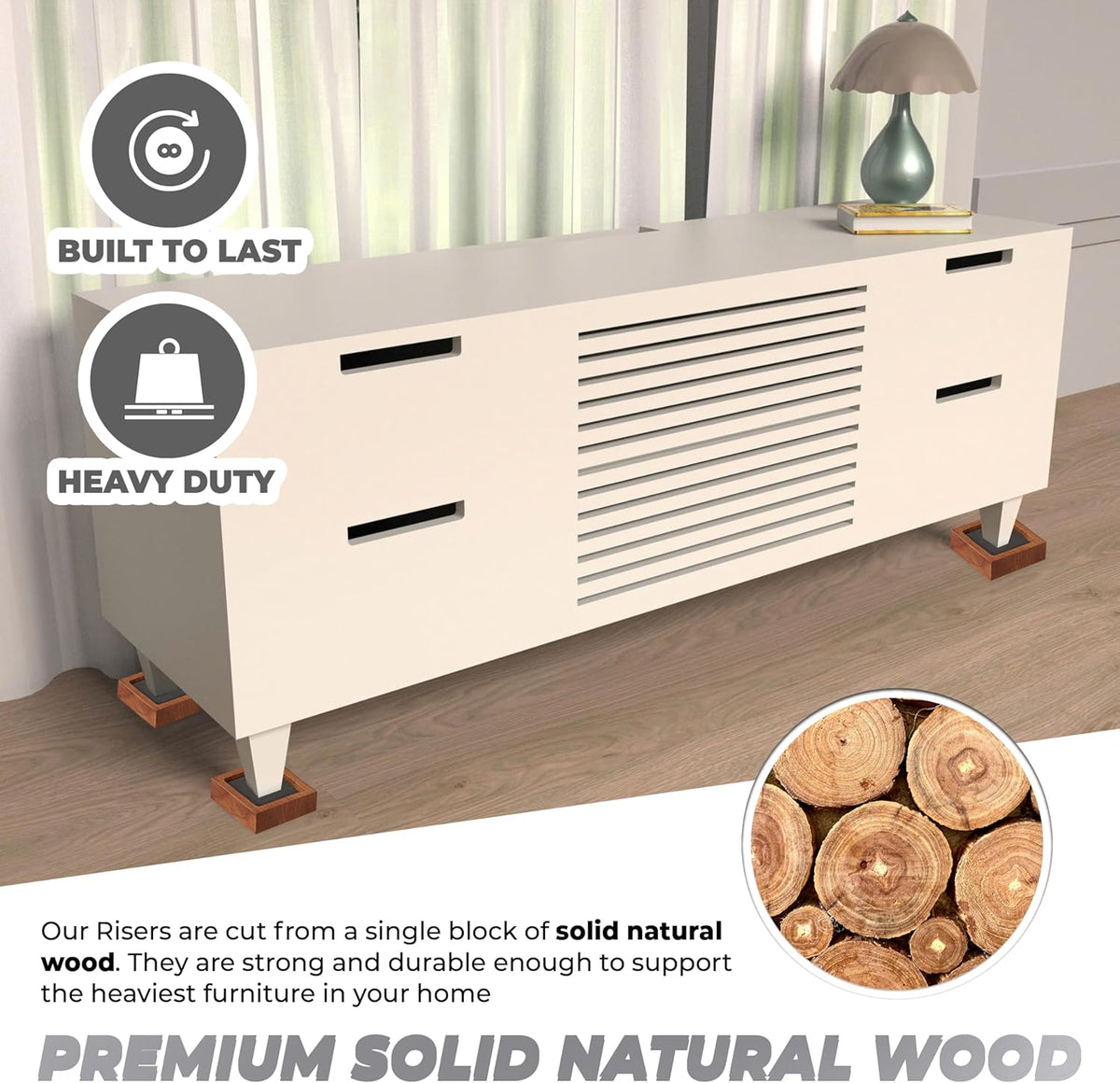 Bed Risers, Furniture Risers (Set of 8-Height 1") Can be Adjusted to 2'' 3''or 4'', Lifts Furniture Risers, Solid Natural Wood Risers, Non-Slip Recessed Hole (Square-Light Brown Color)