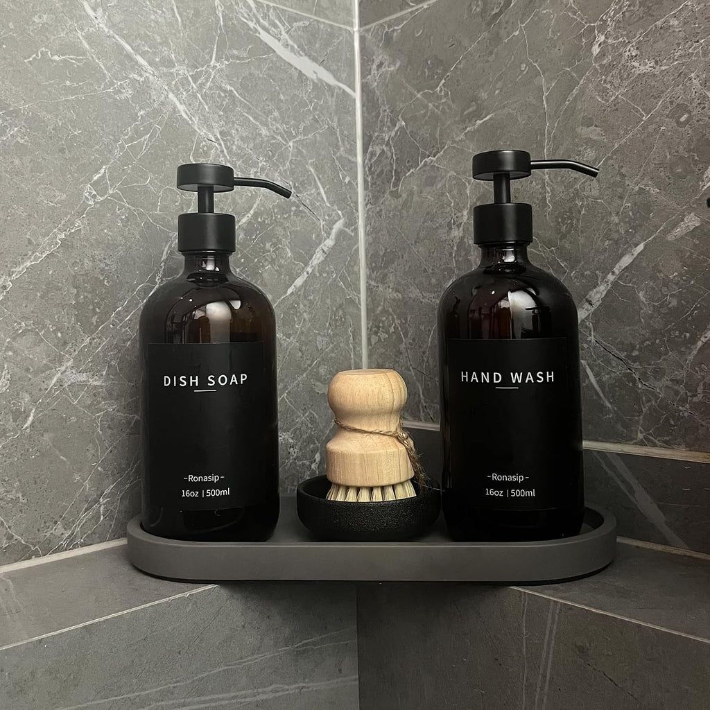 Ronasip Set of 5 Kitchen Soap Dispenser Set 16 Oz Glass Hand Dish Soap Dispenser with Stainless Steel Pump, Cement Tray, Dish Scrub Brush for Farmhouse Rustic Home Bathroom Decor (Brown)
