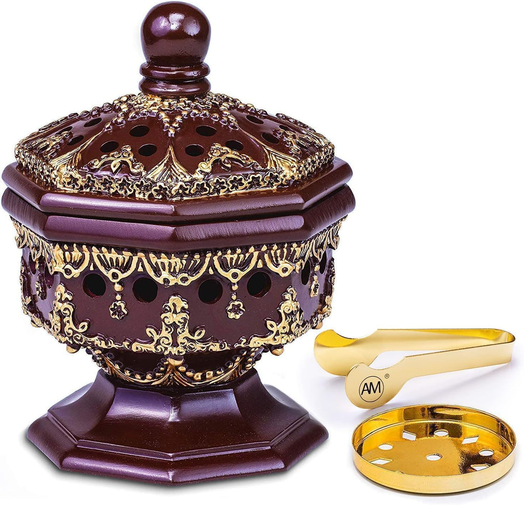 AM Lux Octagon Incense Burner – Bakhoor & Cone Holder | Charcoal Resin Burner for Frankincense, Myrrh & Aromatherapy | Decorative Mabkhara for Home, Office & Meditation Room Decor (Octagon Brown)