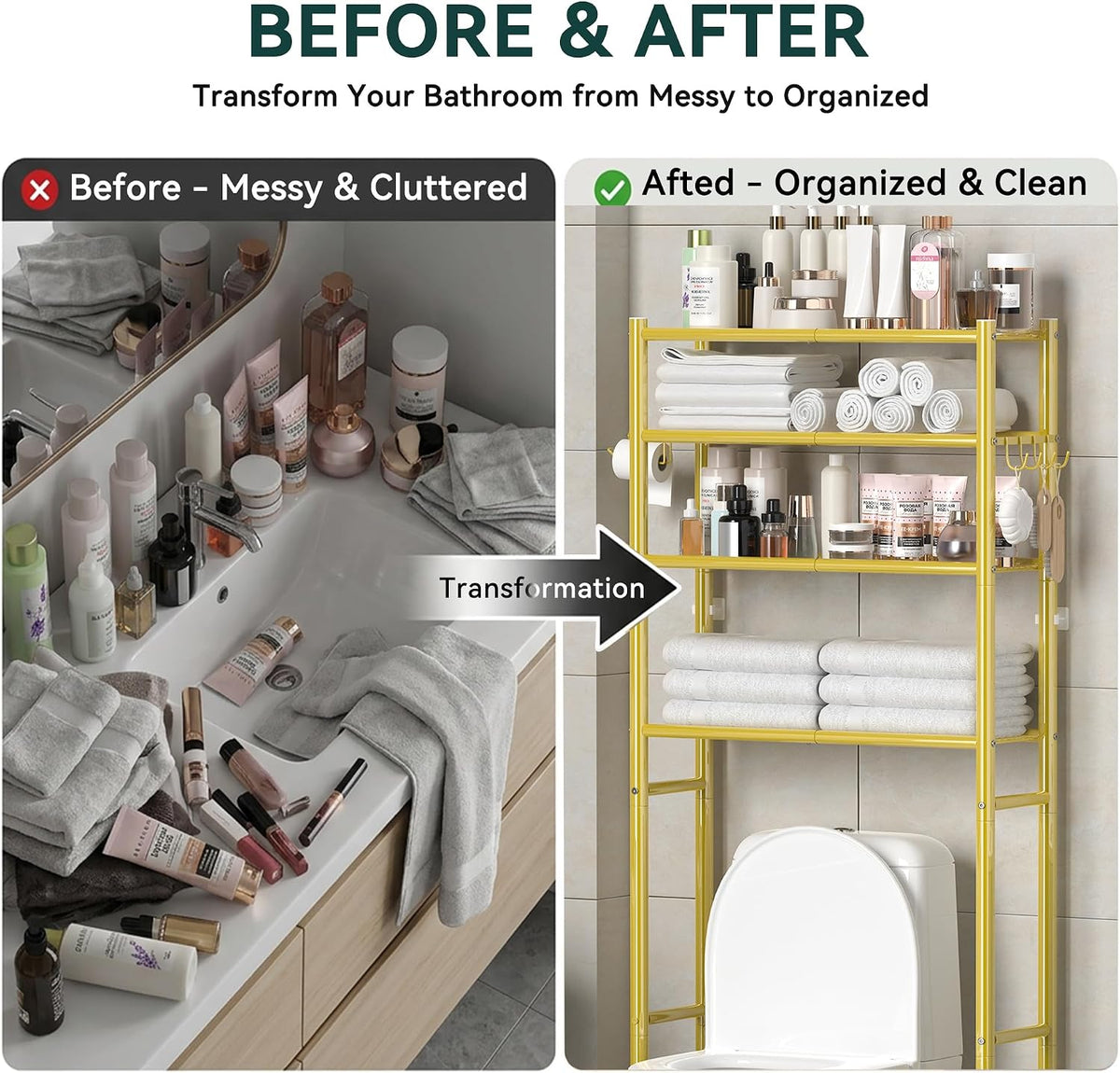GloTika 4-Tier Over The Toilet Storage Shelves, Gold