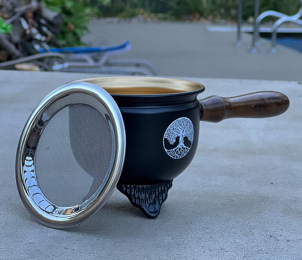 Large Metal Charcoal Incense Burner with Wooden Handle (Tree of Life)