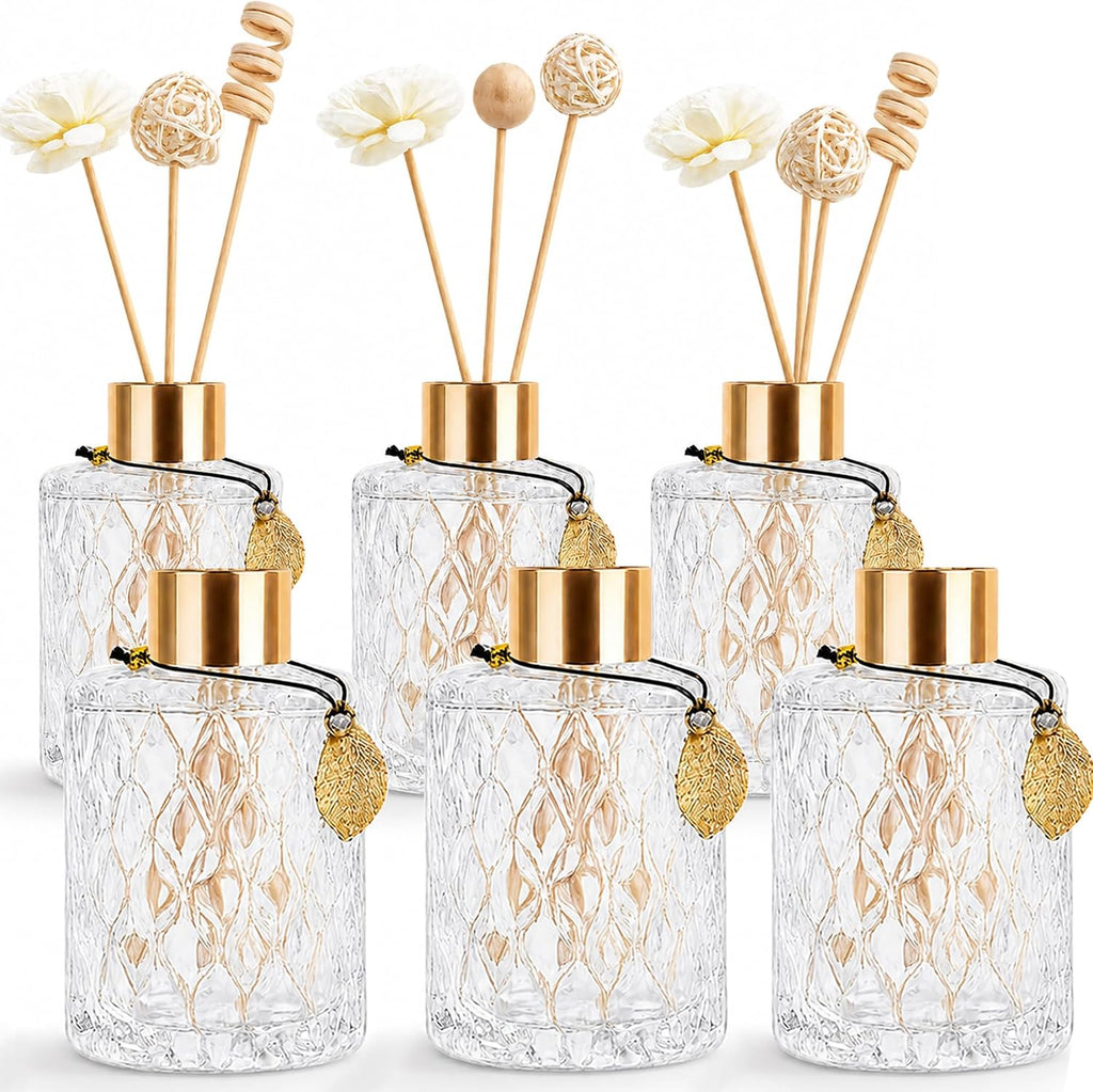 Glass Reed Diffusers Bottles for Home, Diffuser Bottles with Reed Diffuser Sticks Set, Vintage Embossed Apothecary Style Flower Bud Vases with Cork Lids, Set of 6