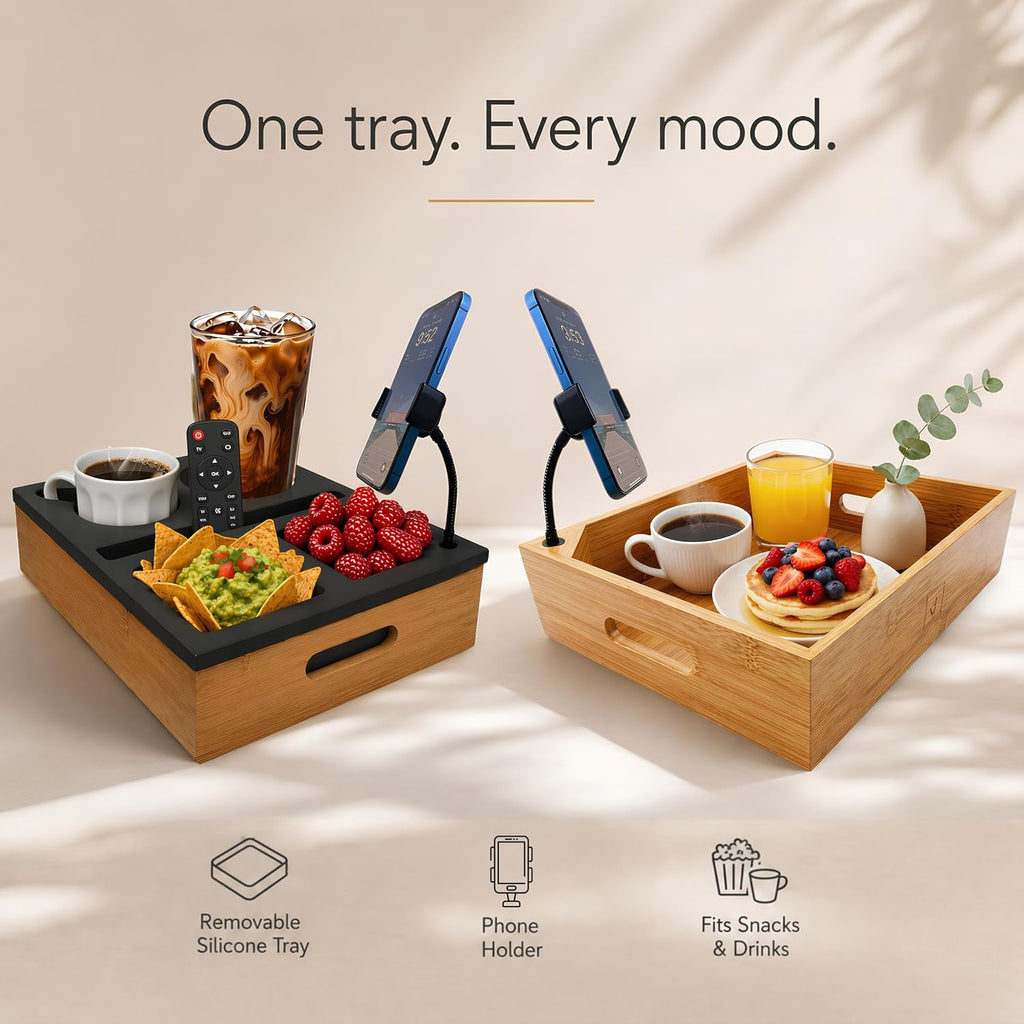 Couch Caddy with Cup Holder | Wood Couch Cup Holder Tray for Drinks, Snacks & Remotes | Sofa Couch Organizer with Phone & Cup Holder Tray (Black)