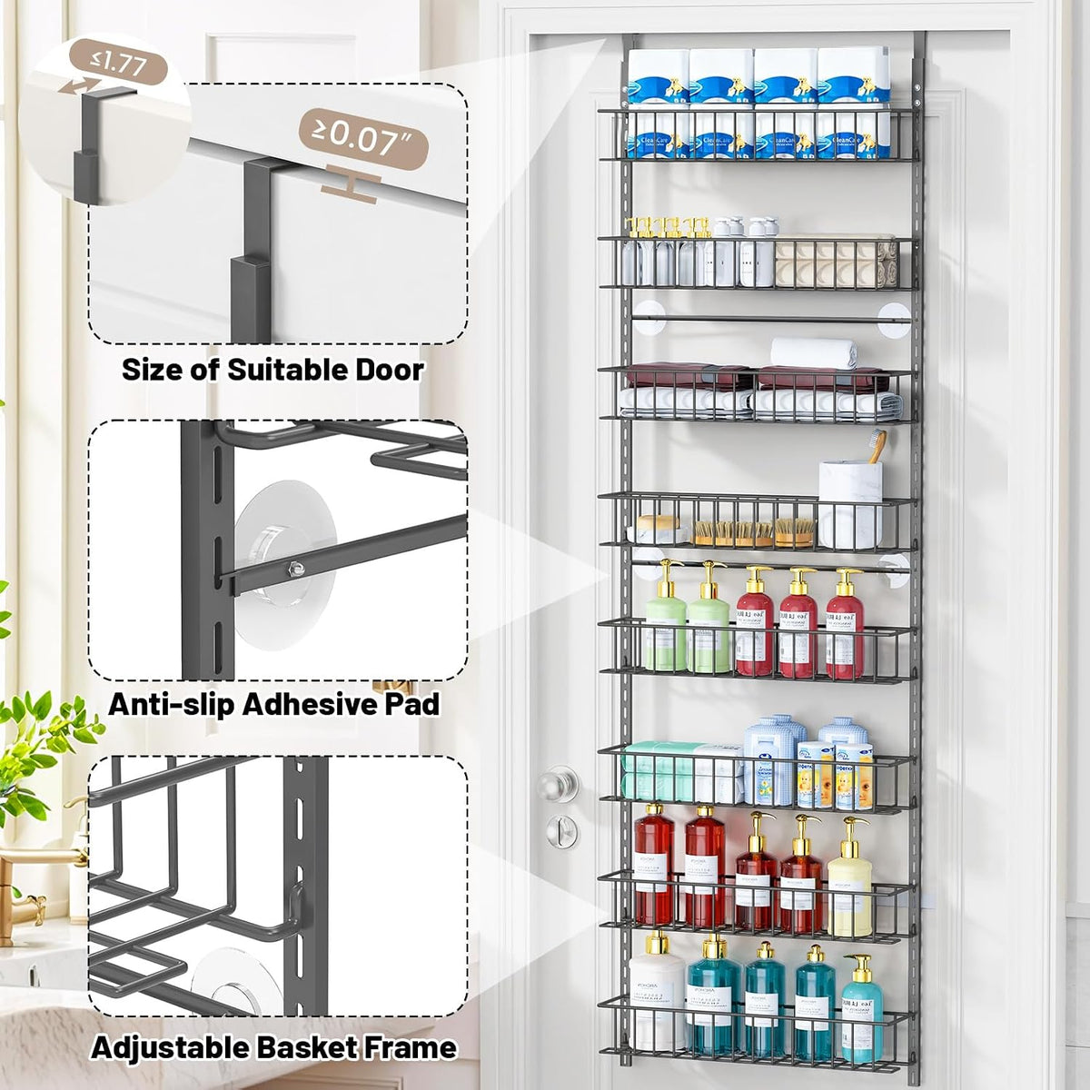 ElegantArray 8-Tier Pantry Door Organizer, Hanging Storage Basket Deep Gray
