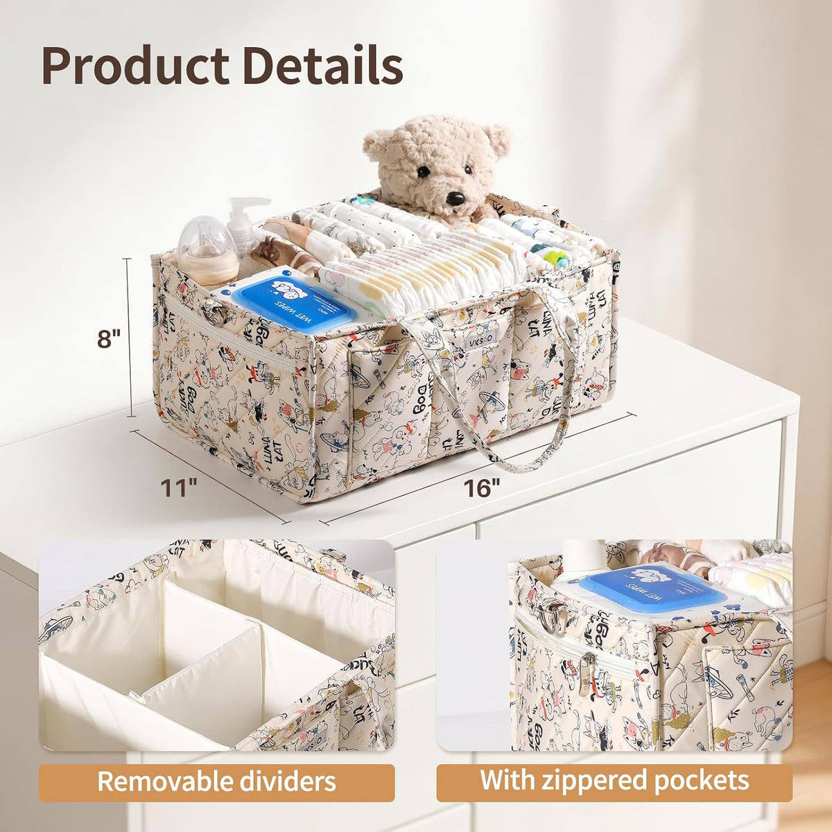Colorful Cute Cartoon Animal Prints Baby Diaper Caddy Organizer, Large Storage Basket for Newborn Essentials Baby Shower Gifts