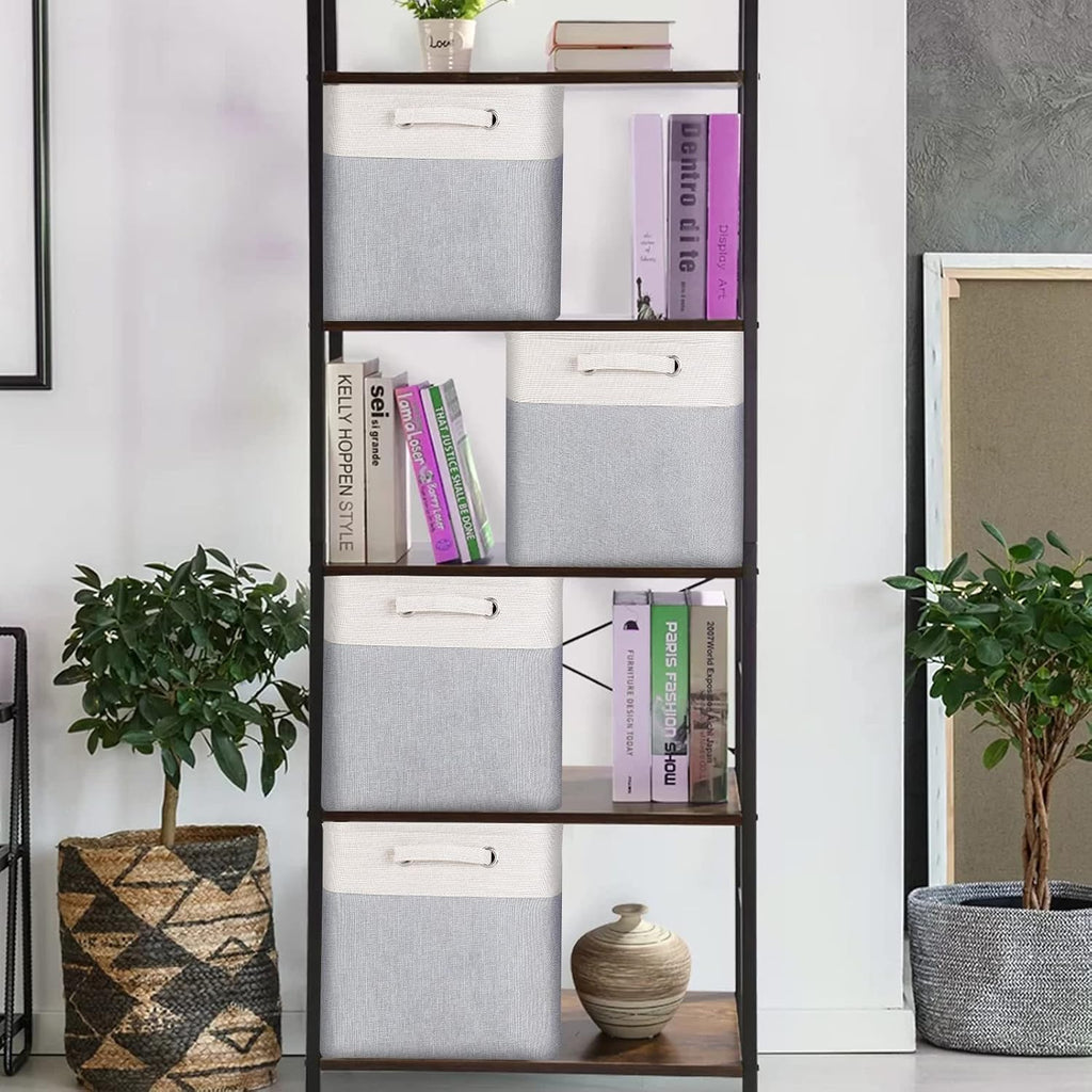 13x13x13 Storage Cube Bins 3 Pack -Linen-Feel Fabric Storage Boxes with Metal Frame & Foam Lining, Foldable Cube Organizer with Rope Handles for Shelf, Closet, Bedroom, Living Room