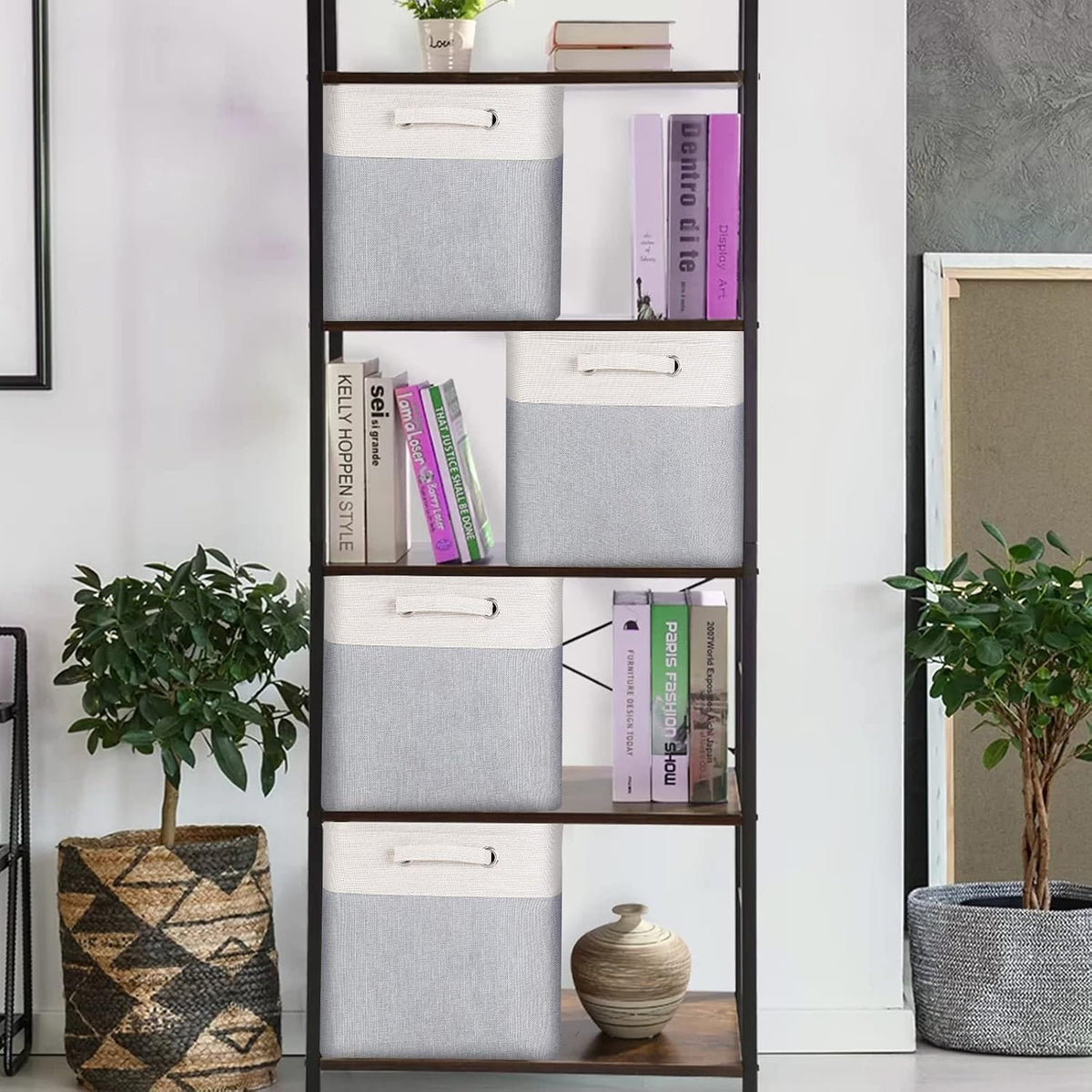 13x13x13 Storage Cube Bins 3 Pack -Linen-Feel Fabric Storage Boxes with Metal Frame & Foam Lining, Foldable Cube Organizer with Rope Handles for Shelf, Closet, Bedroom, Living Room
