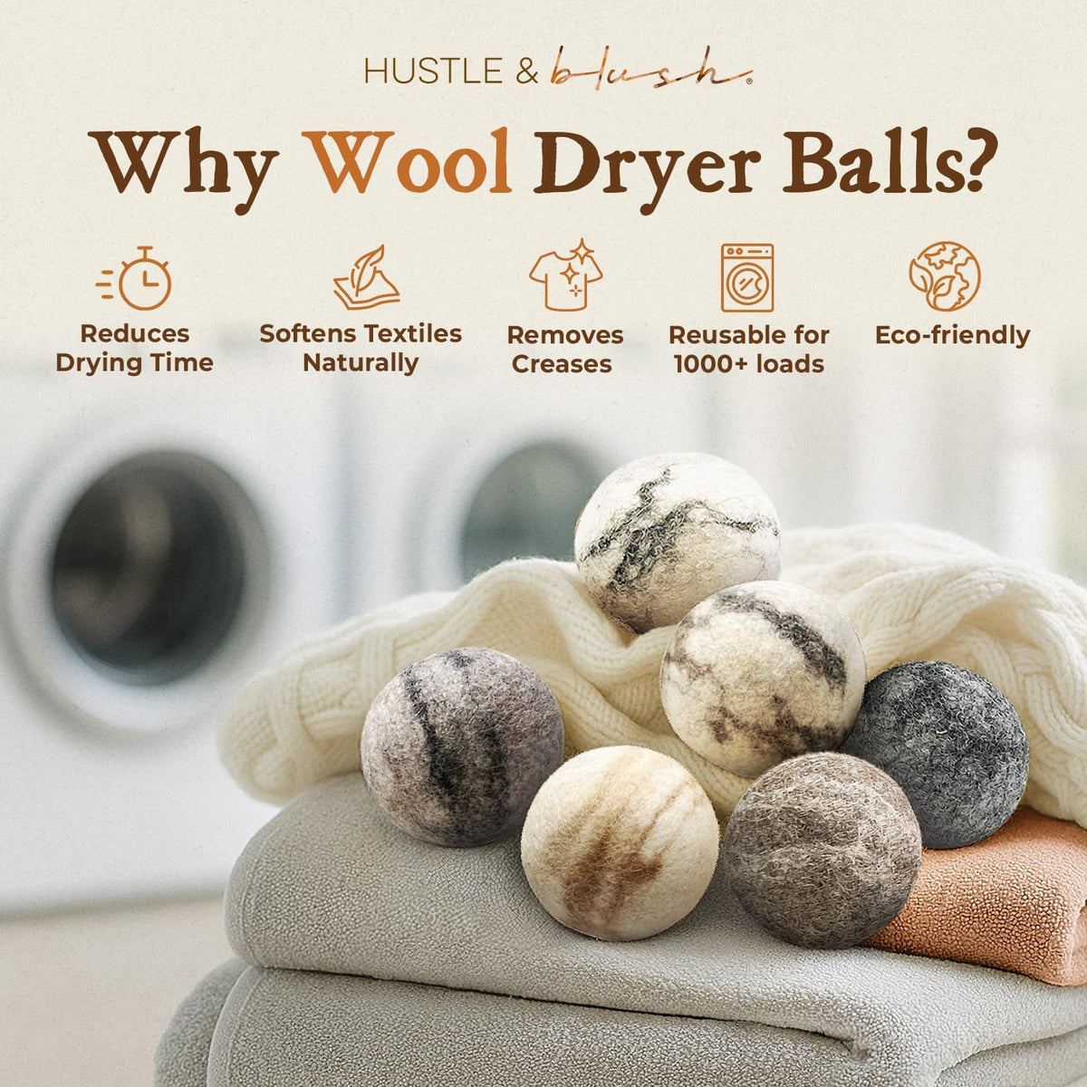 Fluff Ewes Wool Dryer Balls 6 Pack, Marble, XL