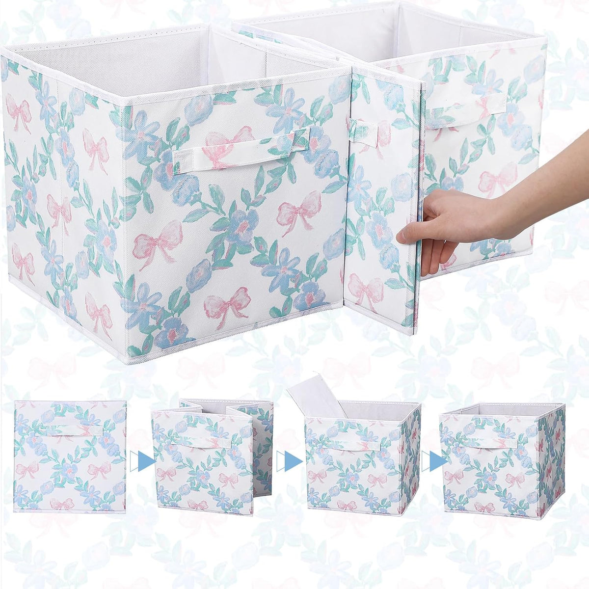 Geelin 6 Pcs Blue Floral Bow Cube Storage Bins 11 Inch Storage Basket