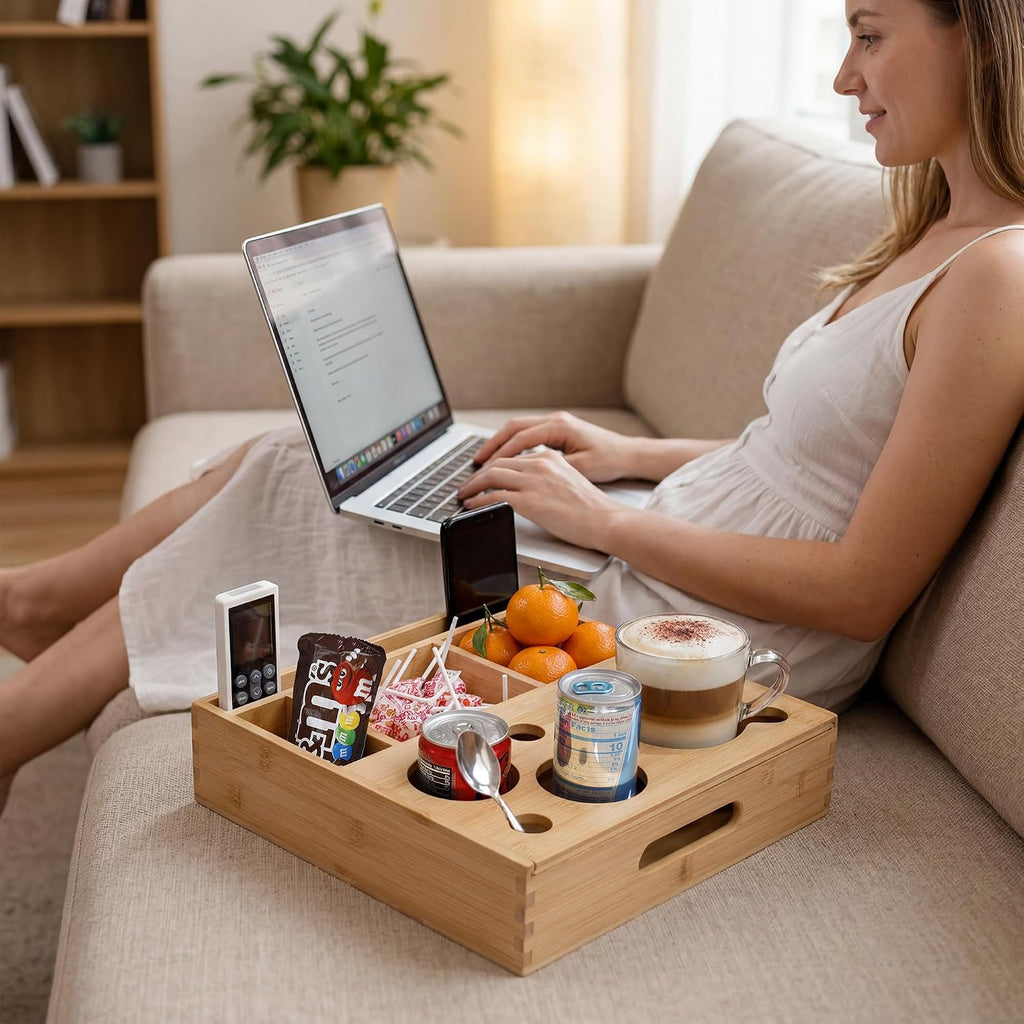 Couch Arm Caddy – Magnetic Removable Tray with 2 Can Holders & Mug Slot – Lifts Off to Reveal Deep Storage Bin – Sofa Armrest Organizer for Remotes, Phone & Snacks