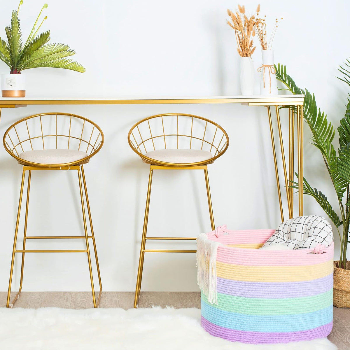 MINTWOOD Design XXXXLarge 22 x 16in Decorative Woven Cotton Rope Blanket Storage Basket Bin Living Room with Handles and Laundry Hamper for Pillows, Pool Towels, Dog Toys, Shoes, Pastel Rainbow