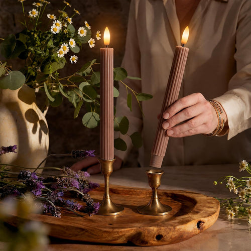 10" Fluted Ribbed LED Brown Tan Grooved Real Wax Taper Candles, Remote & 24h Timer Memory, On/Off Switch - Flameless Dimmable Battery Operated w/Flicker Mode, Home Wedding Decor (6 Pack)