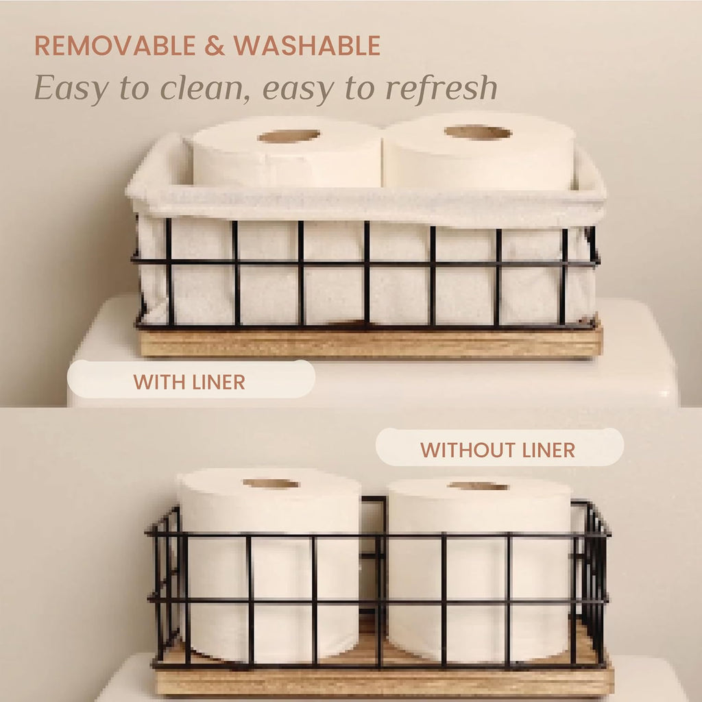 Metal Baskets for Organizing - Black Metal Basket with Liner, Wire Bin Wooden Decorative Baskets for Home Decors, Bathroom Decor Sets & Kitchen Decor, Wire Basket with Liner (Large)