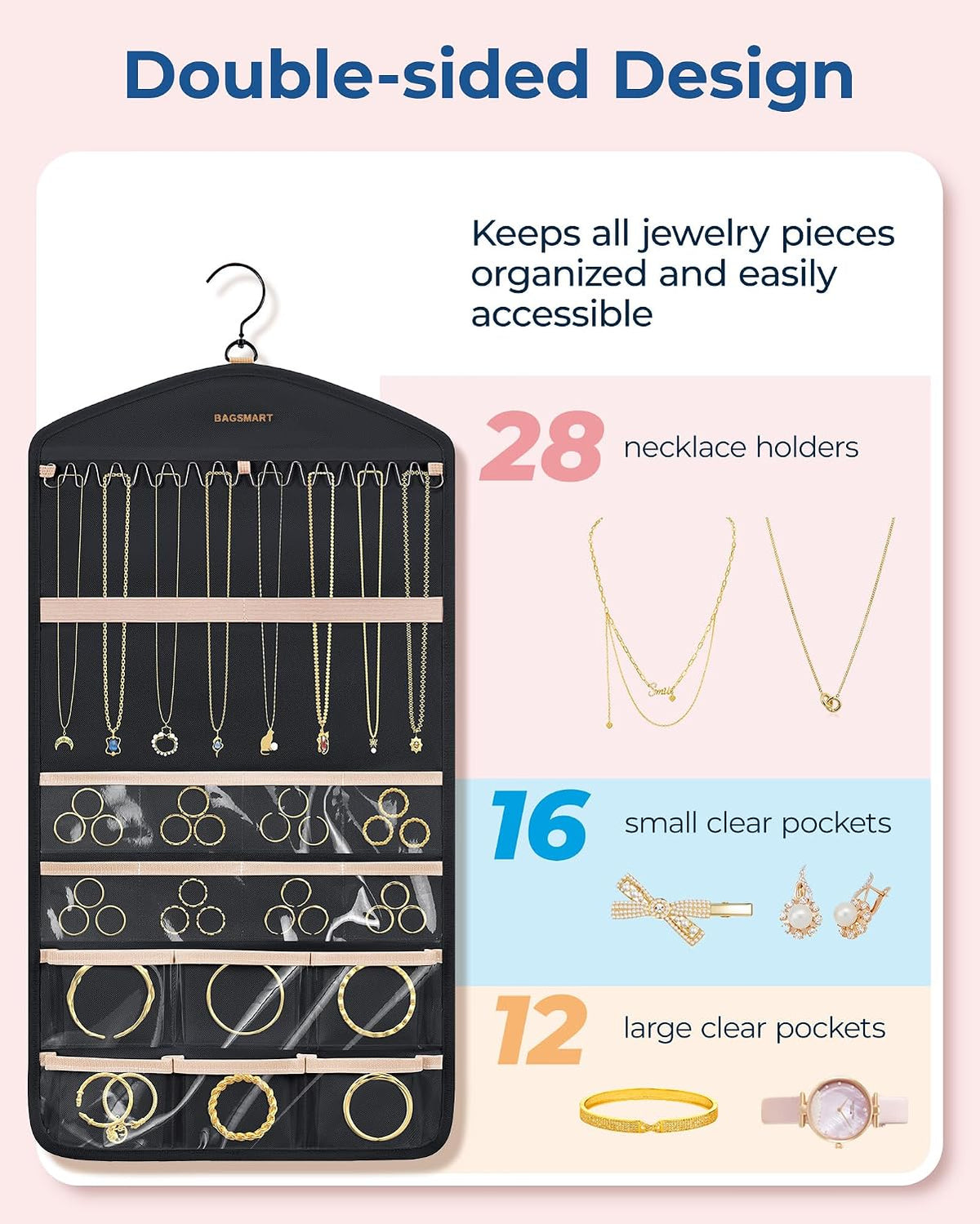 BAGSMART Hanging Jewelry Organizer with Hanger Metal Hooks Double-Sided Jewelry Holder for Organizing Earrings Necklaces Rings Perfect for in Hanging Closet, Wall, Door, 1 Piece, M, Black