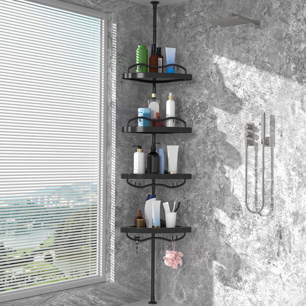 Black Corner Shower Caddy Tension Pole - Heavy Duty Rustproof Stainless Steel Shower Organizer with 4 Adjustable Shelves, No-Drill Free Standing for Bathroom, Bathtub, RV,54" to 114" Tall