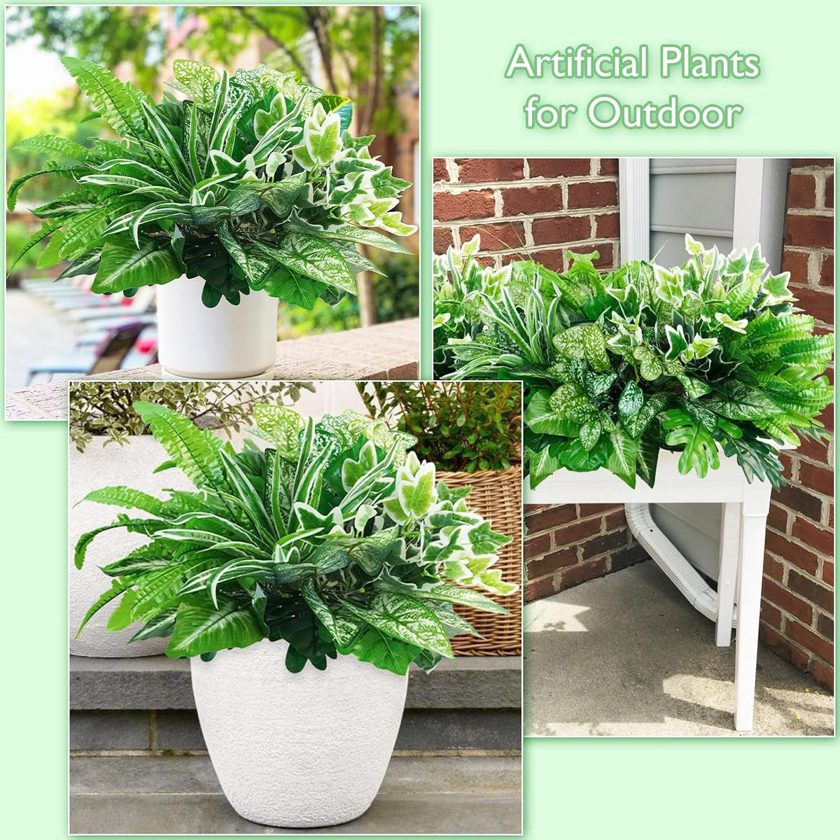 obbsie 16 Bunches Fake Plants Outdoor UV Resistant Artificial Bushes Green Boxwood Shrubs Faux Plastic Plants Greenery Stems for Spring Outdoor Garden Patio Front Porch Yard Home Decor (Pack of 2)