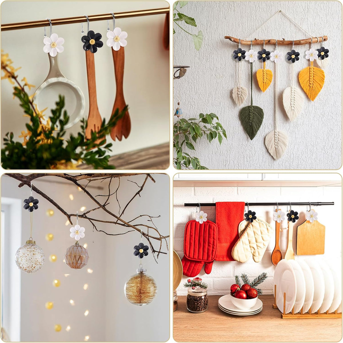 3D Floral Shower Curtain Hooks, 12 Pcs Rust Proof Resin Metal Hooks Shower Curtain Rod Rings, Ideal for Bathroom, Bedroom, Living Room Fun Home Decor (Black and White)