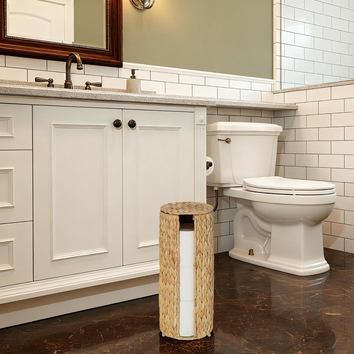 PINXIURY Water Hyacinth Paper Roll Holder, Wicker Toilet Paper Holder Stand for Bathroom, 3 Rolls of Toilet Paper Storage, Toilet Roll Holder Stand for Bathroom and Under Sink