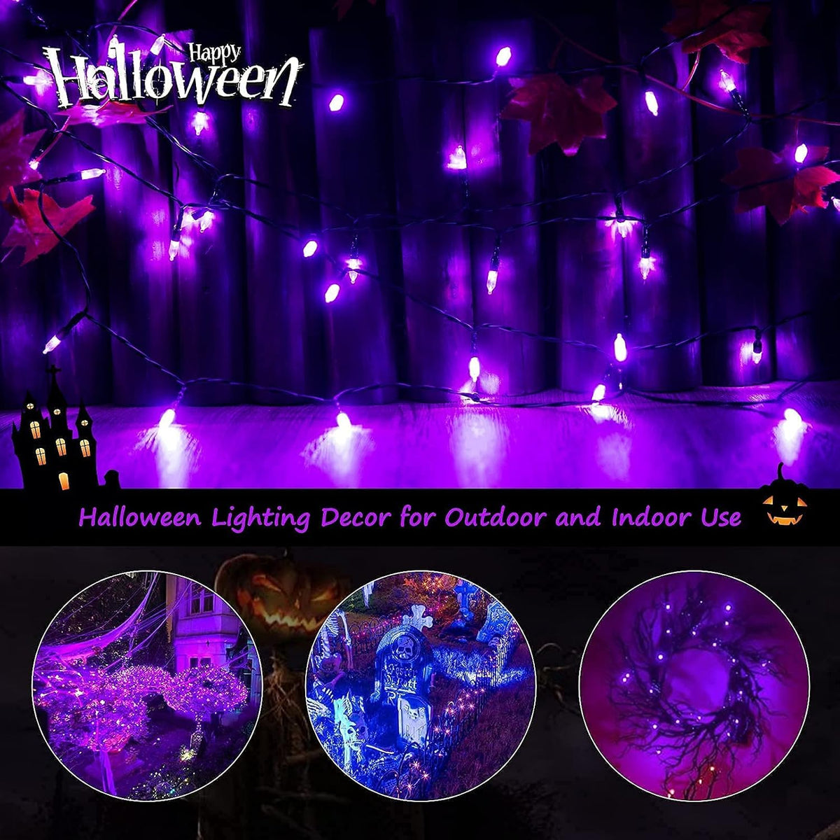 Halloween Battery Operated String Lights, 2 Pack 17.8 Feet 50 LED Purple