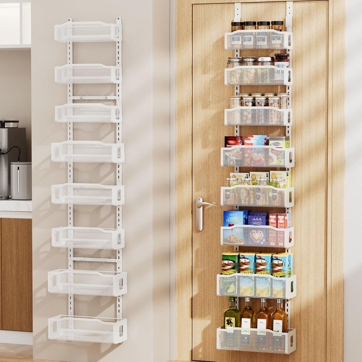 Delamu 8 Tier Over the Door Pantry Organizer, 2in1 Hanging or Wall Mount Spice Rack Seasoning, Adjustable Heavy-Duty Narrow Pantry Door Organizer and Storage for Kitchen Cabinet and Bathroom,12" White