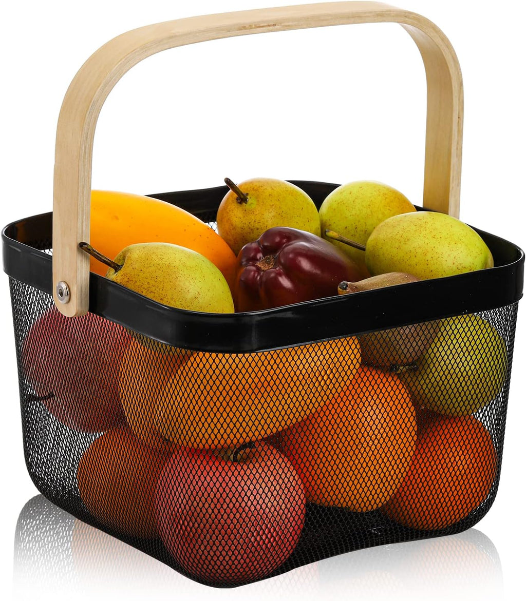 ZEAYEA Mesh Steel Fruit Basket Bin with Handle, Multi-functional Hanging Storage Organizer Garden Harvest Basket, Metal Wire Kitchen Basket for Cabinet, Pantry, Bathroom, Picnic, Home Decor, Black