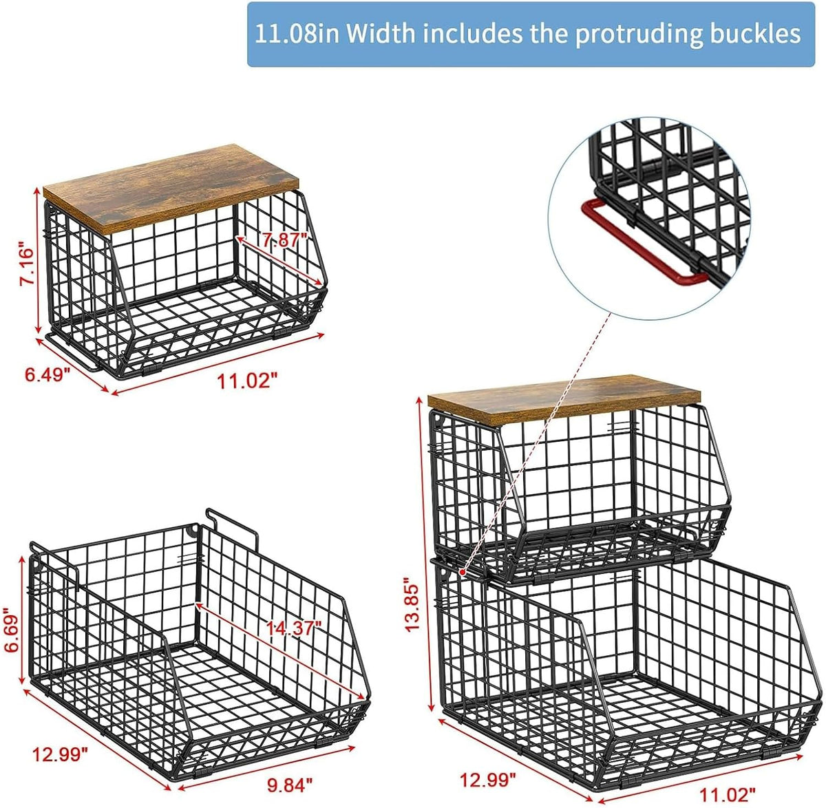 Potato and Onion Storage Bin with Wooden Top, 2-Tier Stackable Wire Basket