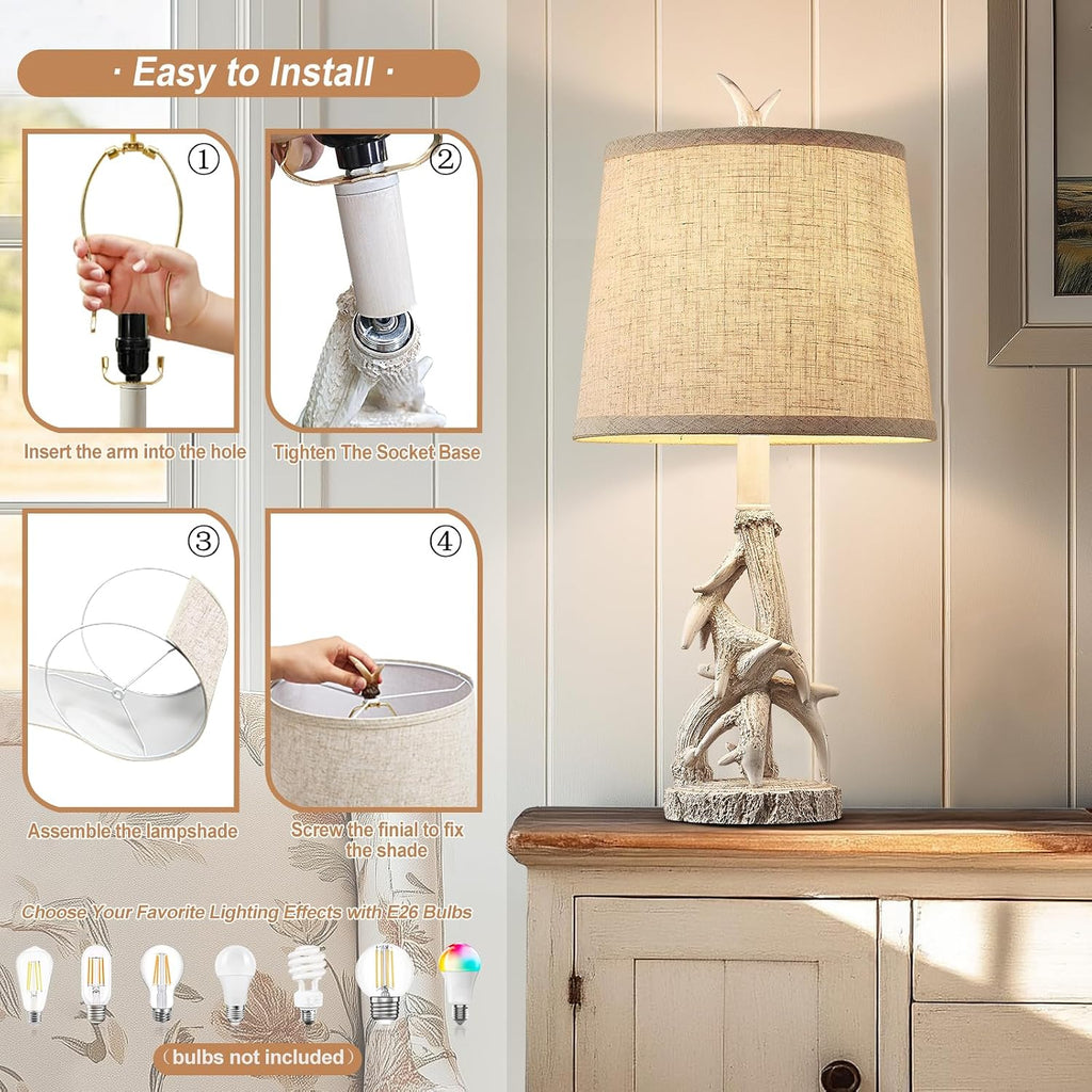 23'' Farmhouse Table Lamps for Bedroom Rustic Deer Antler Table Lamps Set of 2 Bedside Nightstand Lamp Western Log Cabin Lamp for Living Room Study Room Desk, White