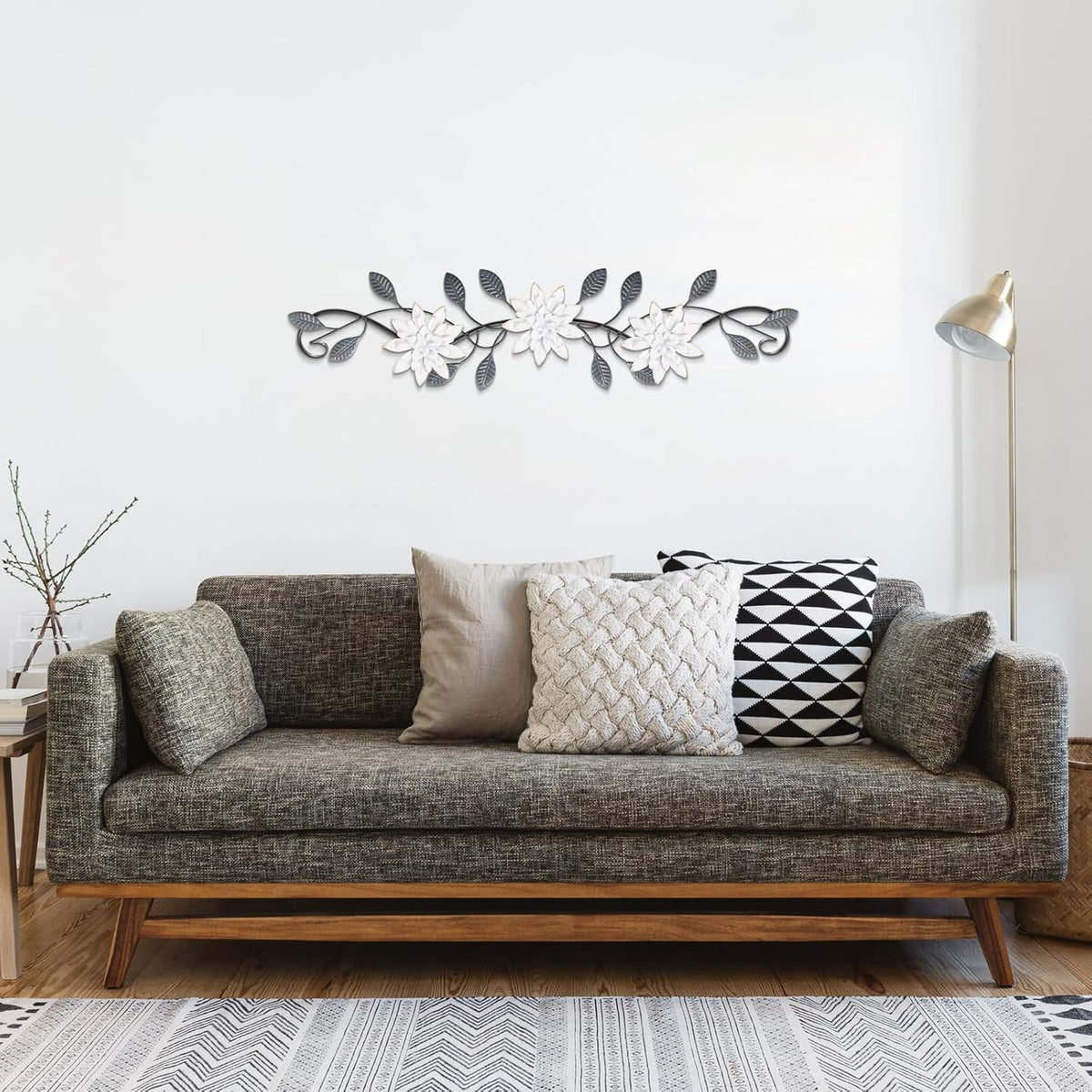 KHJCXS Metal Wall Art Modern Minimalist Metal Flowers Indoor Decor Horizontal Wall Art Iron Artwork,for Over Door,Bedroom,Living Room,Kitchen,Office Scroll Decor (White2)