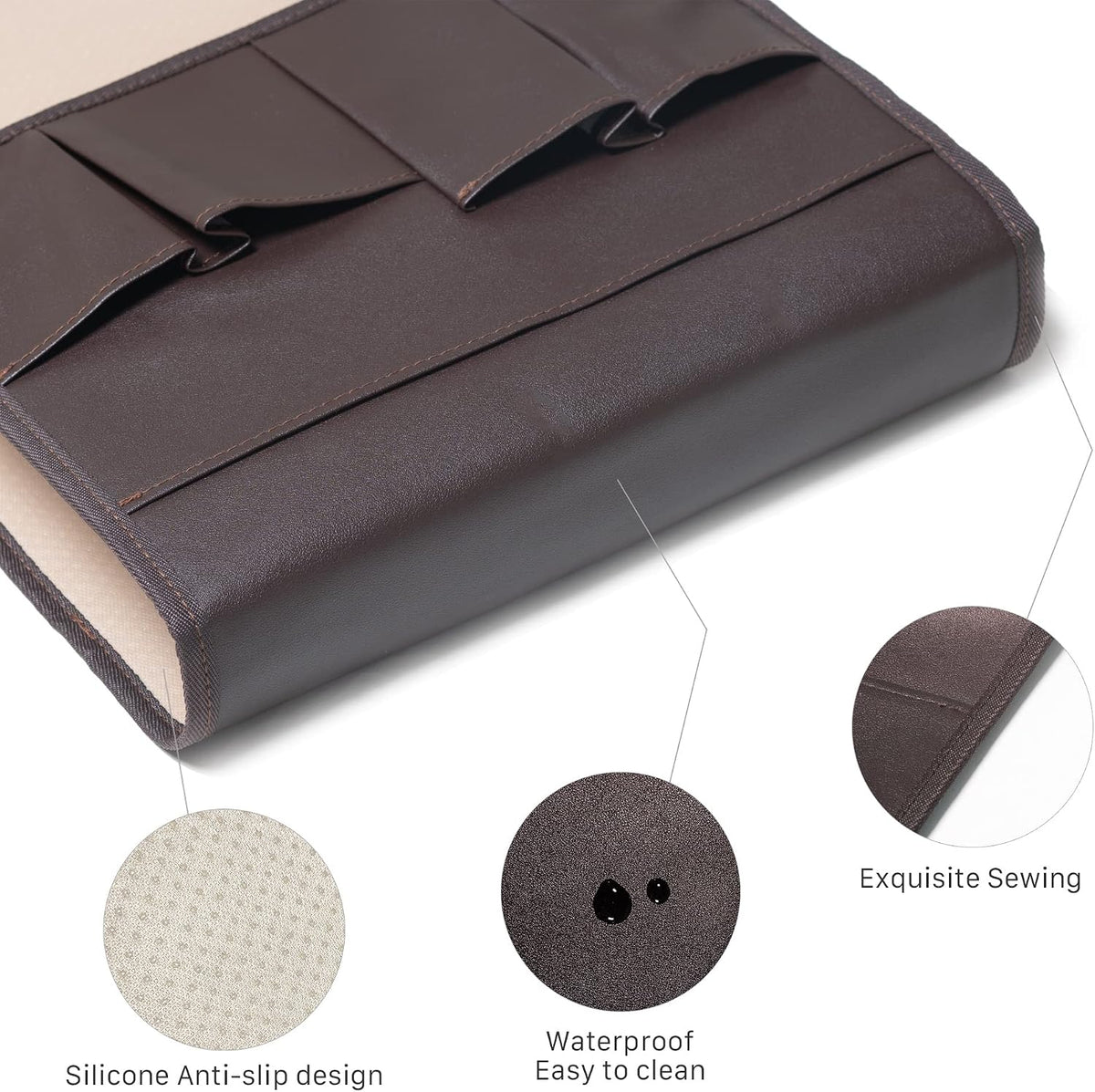 PU Leather Sofa Armrest Organizer, Armchair Magazine Holders, Waterproof Remote Holder for Recliner Couch with 1 Large Pocket, 4 Small Pockets for Magazine, Remote, Phone, Ipad, Books (brown)