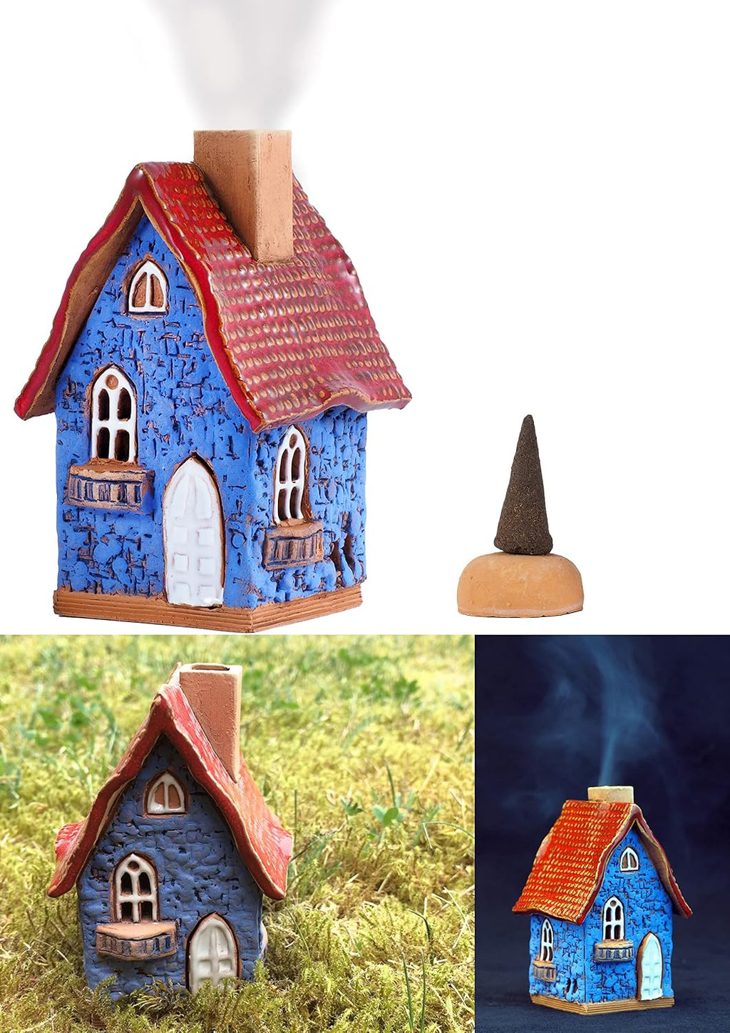 Ceramic Houses and Villages Collection - Handmade House Miniature Cone Incense Holder Burner Handcrafted Blue House Hand Painted R503