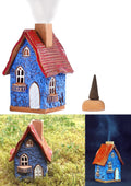 Ceramic Houses and Villages Collection - Handmade House Miniature Cone Incense Holder Burner Handcrafted Blue House Hand Painted R503