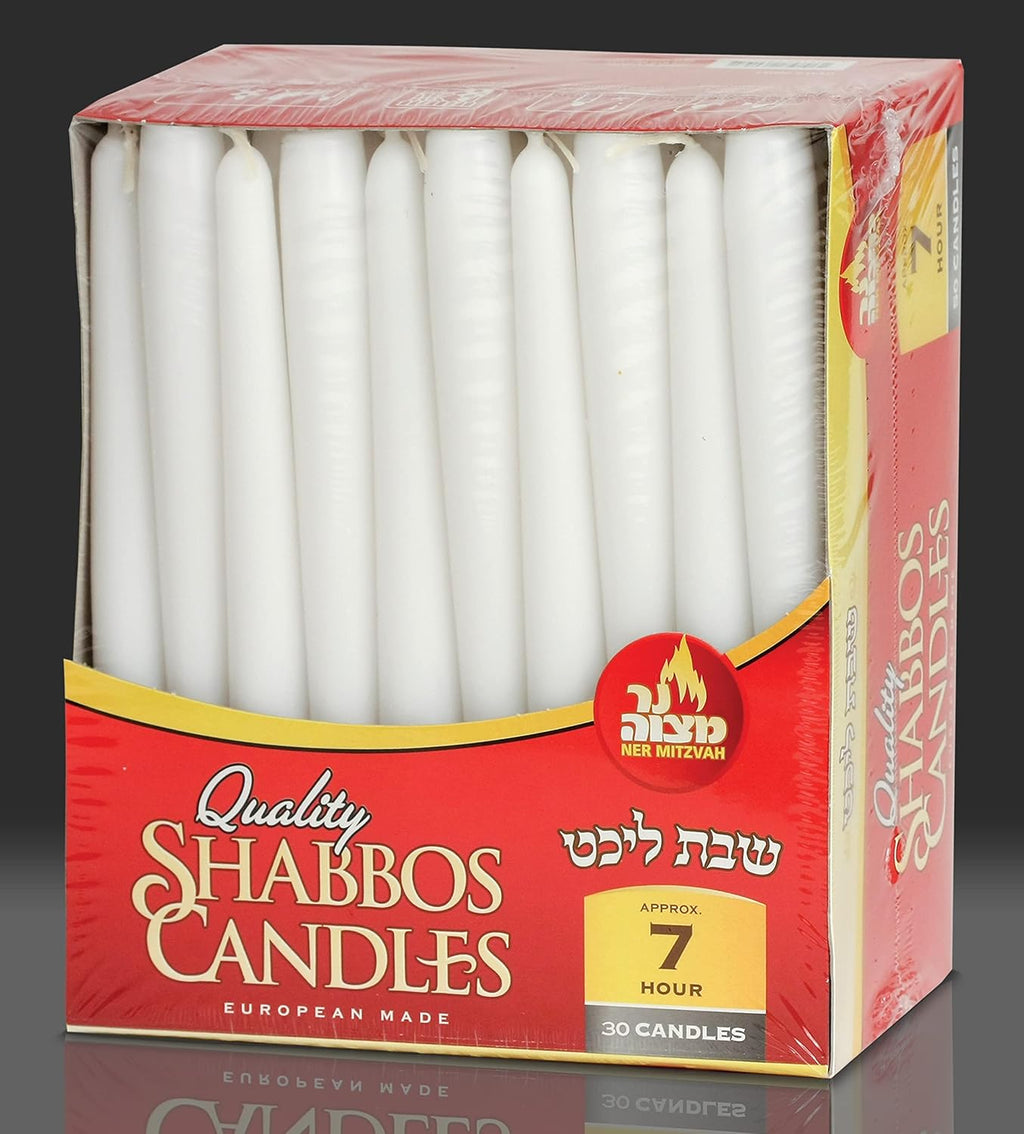 Ner Mitzvah Classic 8 Inch Taper Candles for Shabbat, Dinner Tables, Restaurants, Ceremonies and Emergency, 7 Hour Burn Time - White (Pack of 30)