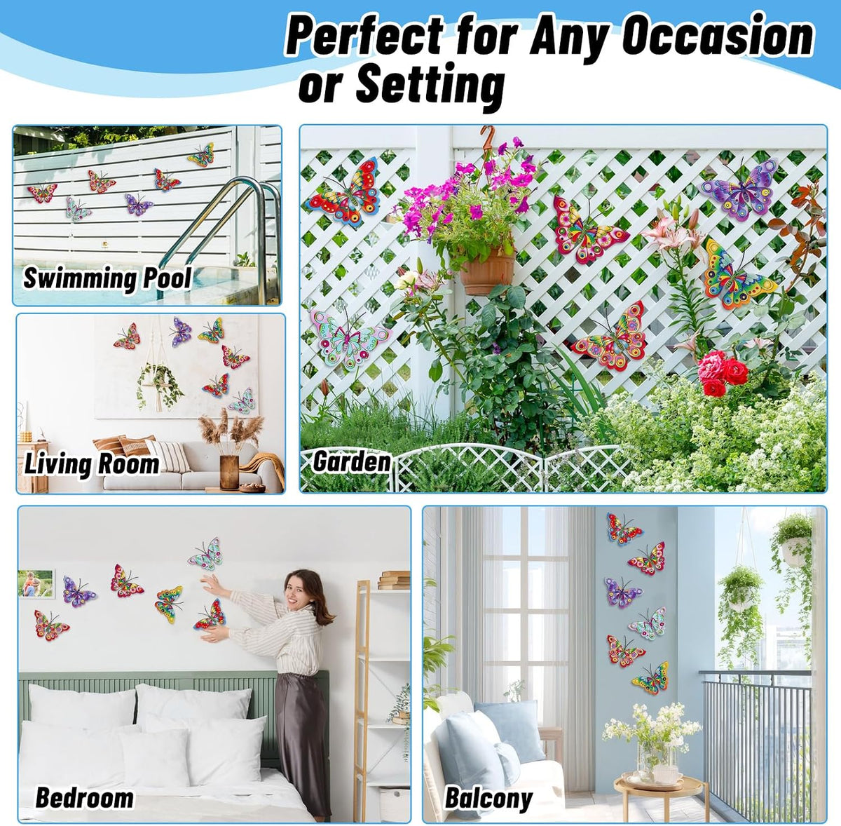 YOADEHOA 6Pcs Metal Butterfly Wall Decor, 3D Colorful Outdoor Fence Wall Art Decor, Hanging Wall Art Decoration for Garden Yard Living Room Bedroom Patio Balcon(Butterfly A)