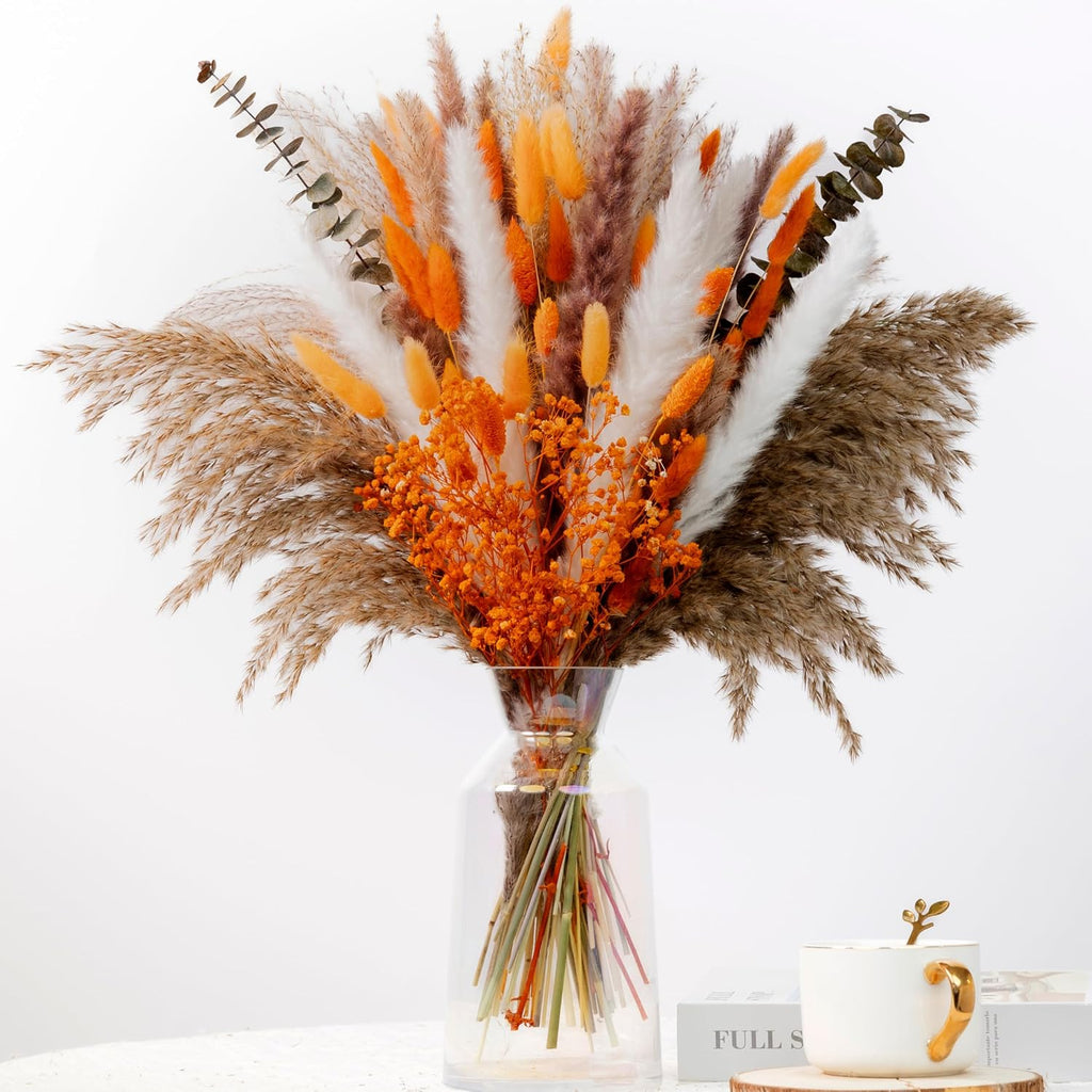 120Pcs 17" Orange Dried Pampas Grass Bouquet, Boho Floral Home Decor