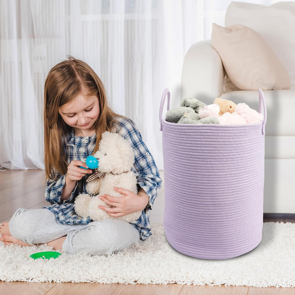 Woven Cotton Rope Laundry Basket, 15" x 20" Laundry Hamper, Purple