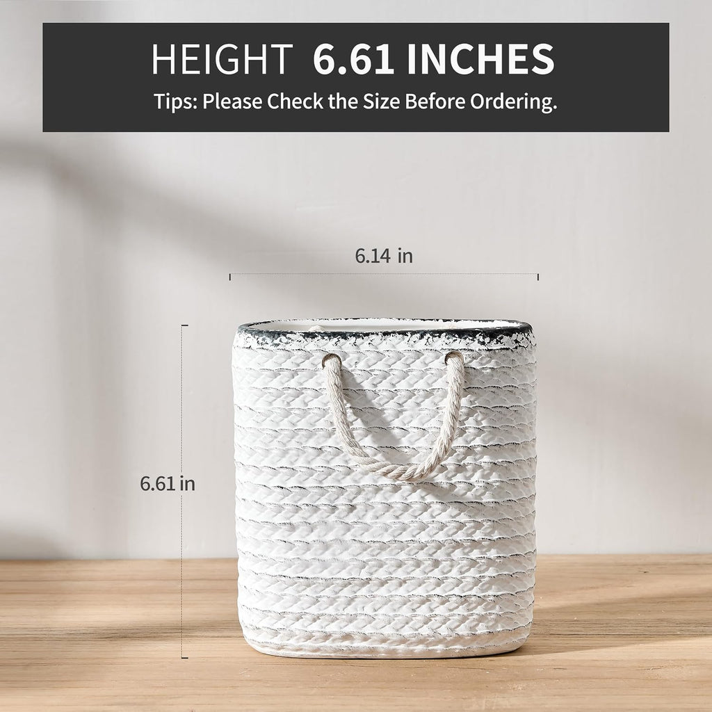 Vaseking Elegant White Petite Vase, 6.6 inch Ceramic Modern Minimalism Basket Vase with Hanging Rope, Creative Tote Bag Vases for Home Decor, Living Room, Wedding, Bookshelf Decor
