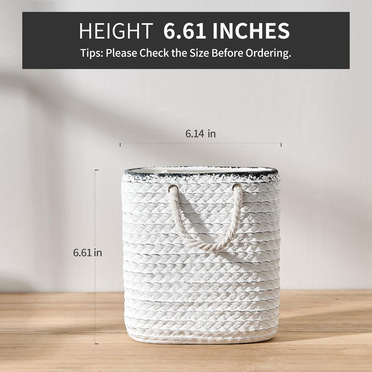 Vaseking Elegant White Petite Vase, 6.6 inch Ceramic Modern Minimalism Basket Vase with Hanging Rope, Creative Tote Bag Vases for Home Decor, Living Room, Wedding, Bookshelf Decor