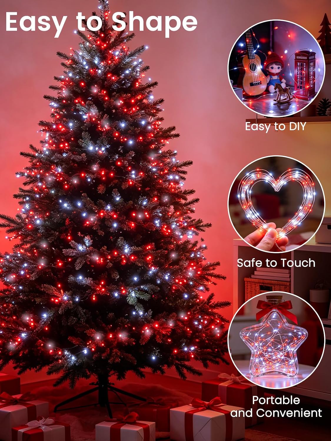 2 Pack Fairy Lights Plug in 99 FT 300 LED Christmas String lights Red White