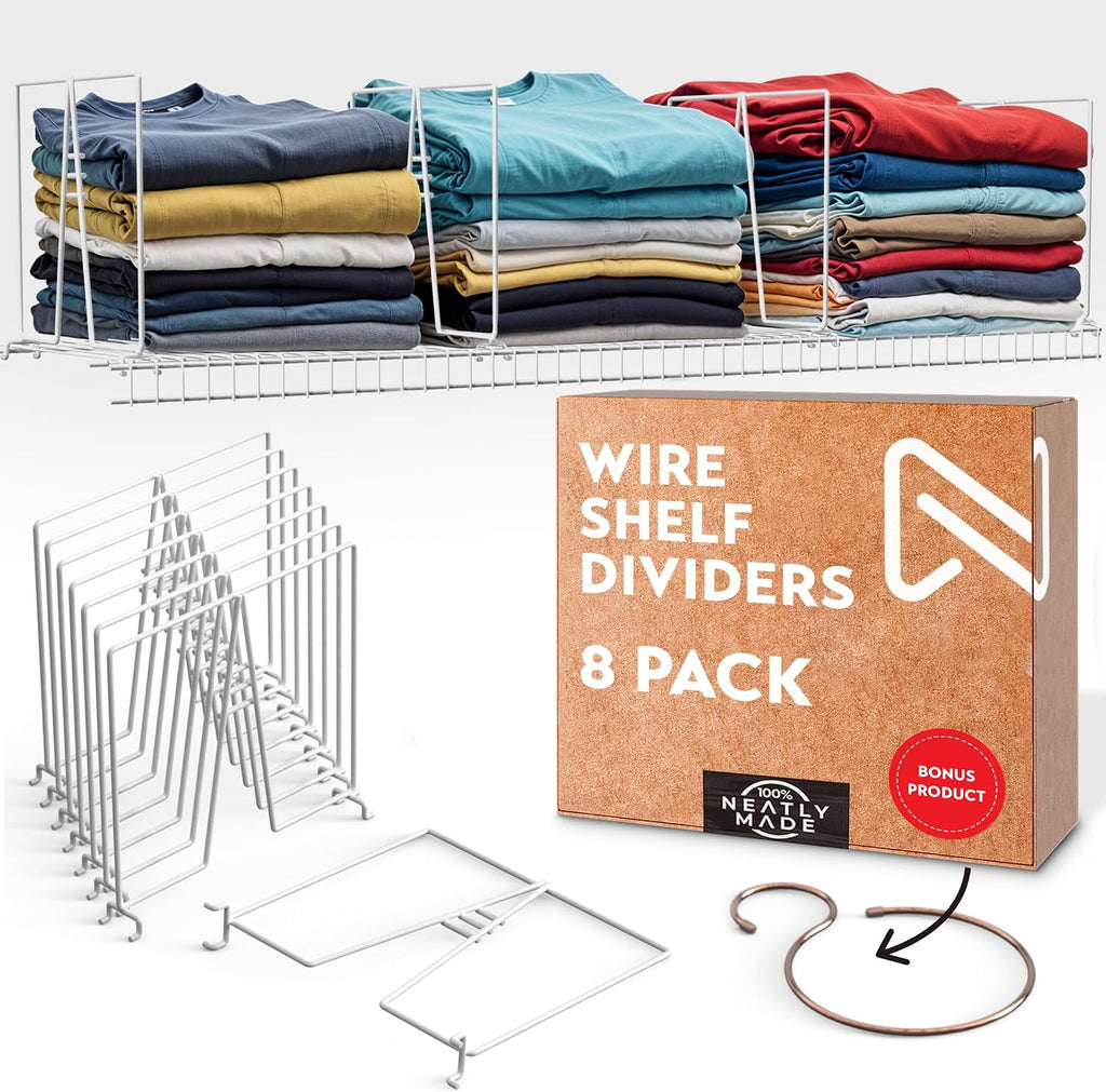 White Wire Shelf Dividers for Closet Organization – 8-Pack – Sturdy and Easy Set-Up Closet Shelf Dividers with Bonus Rose Gold Hanger – 12 inches x 12 inches