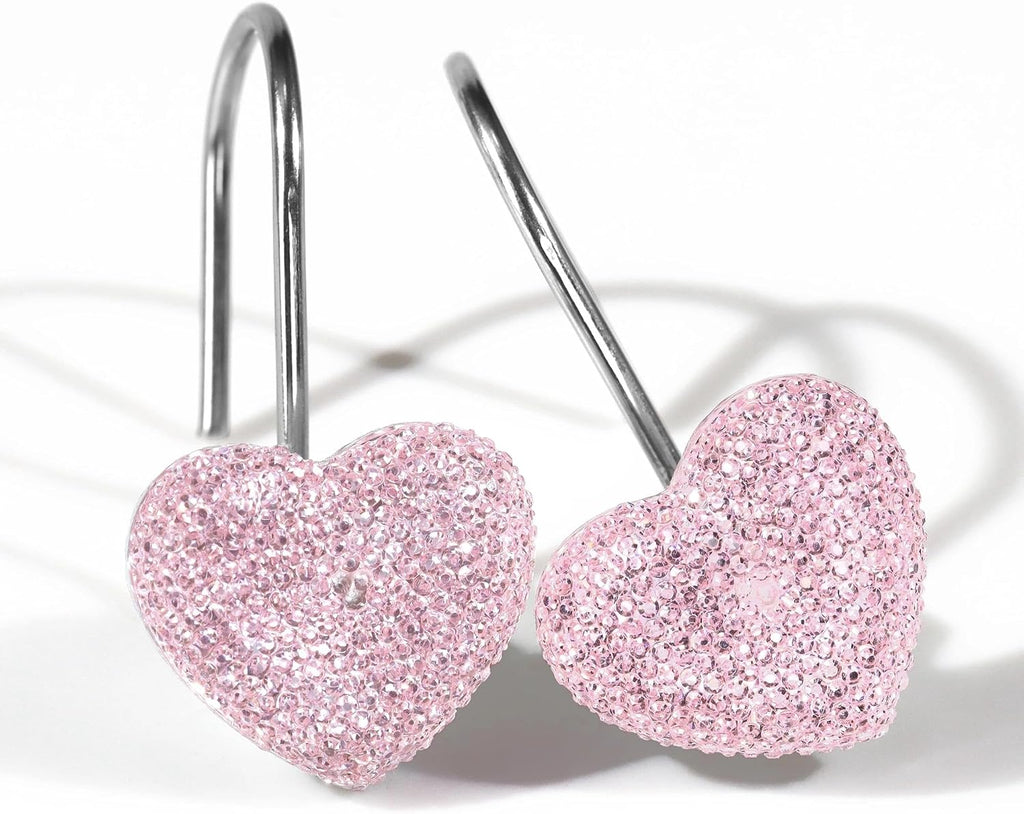 Pink Bling Shower Curtain Hooks: Cute Heart Bathroom Curtain Rings, 12Pcs
