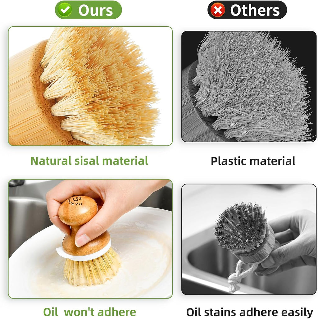 Bamboo Dish Brush,Sisal Brush with Scraper,2 Pack with Ceramic Holder