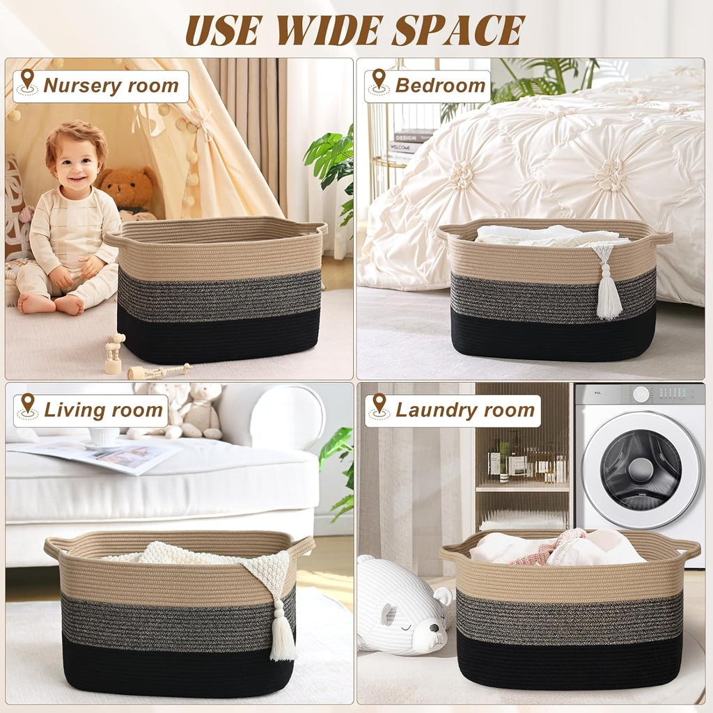 Large Blanket Basket, 100L Storage Baskets for Organizing, Woven Laundry Basket for Blankets, Cotton rope Blanket Storage for Living Room, Nursery Room, 24.8"L x 15.74"W x 15.74"H, Brown & Black