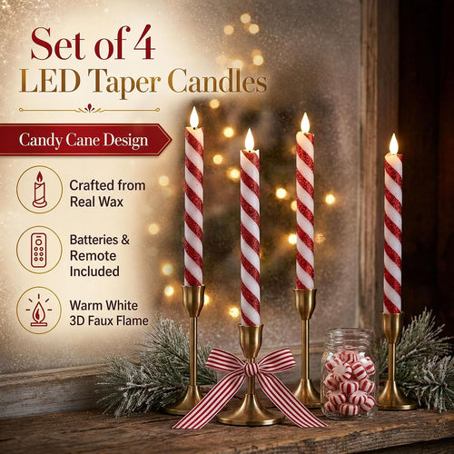 10" Glitter Candy Cane Led Taper Candles with Remote for Christmas Decor